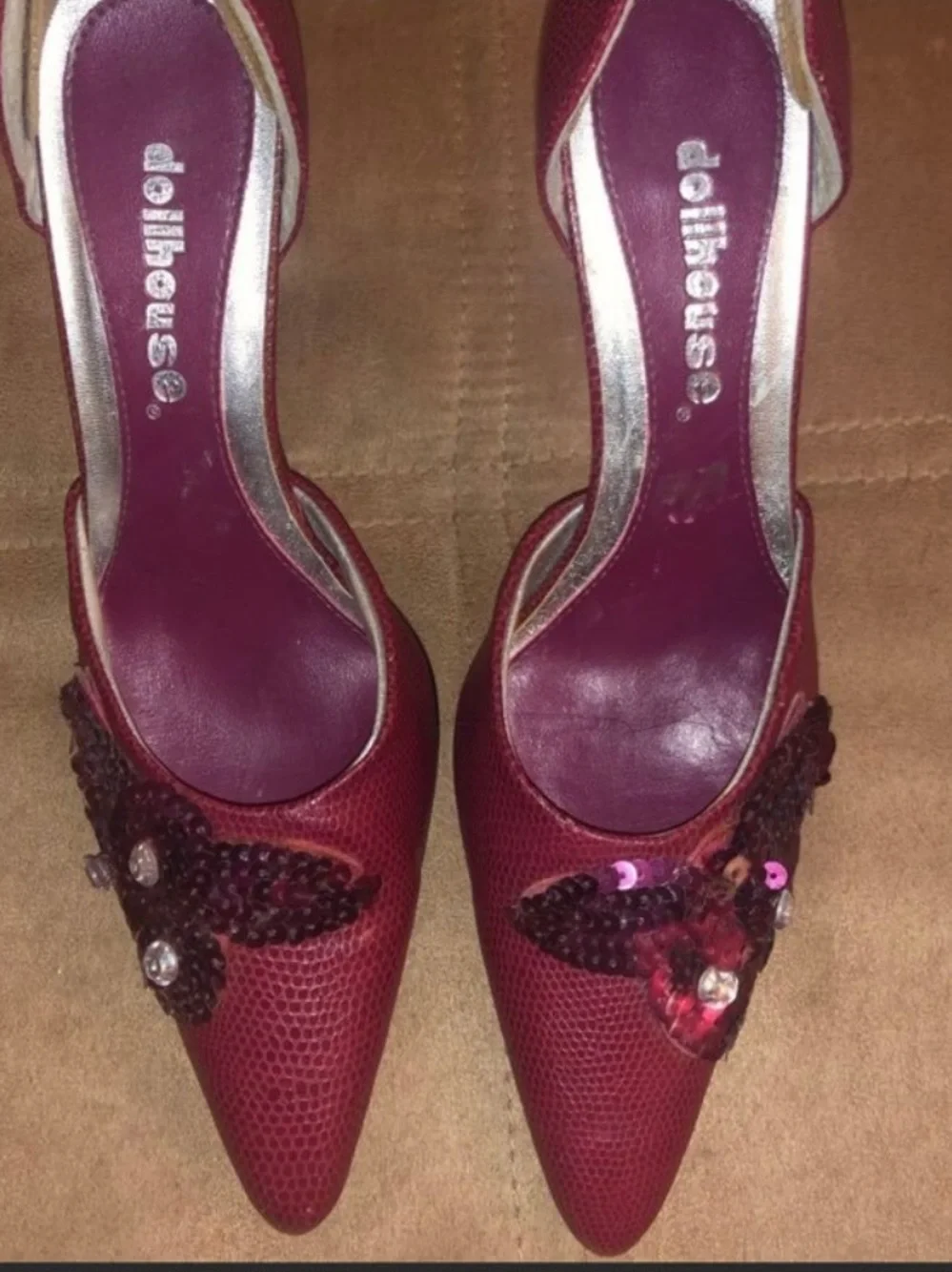 Dollhouse Burgundy Pointed Toe Sequin Embellished Heels